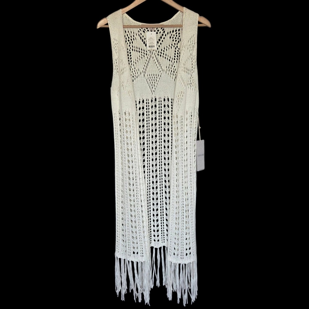 Crochet Fringe Vest Festival Boho Western Longline Open Front Neutral Womens M